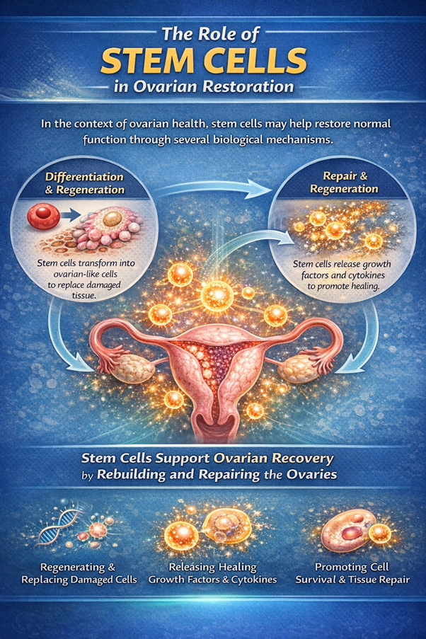 Figure A : Stem cells may help restore ovarian function by transforming into ovarian-like cells and releasing regenerative signals that support tissue repair and reduce inflammation.