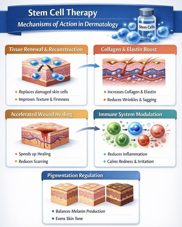 Figure A: Stem cell therapy rejuvenates skin by regenerating cells, boosting collagen, accelerating healing, modulating immunity, and balancing pigmentation for healthier appearance.