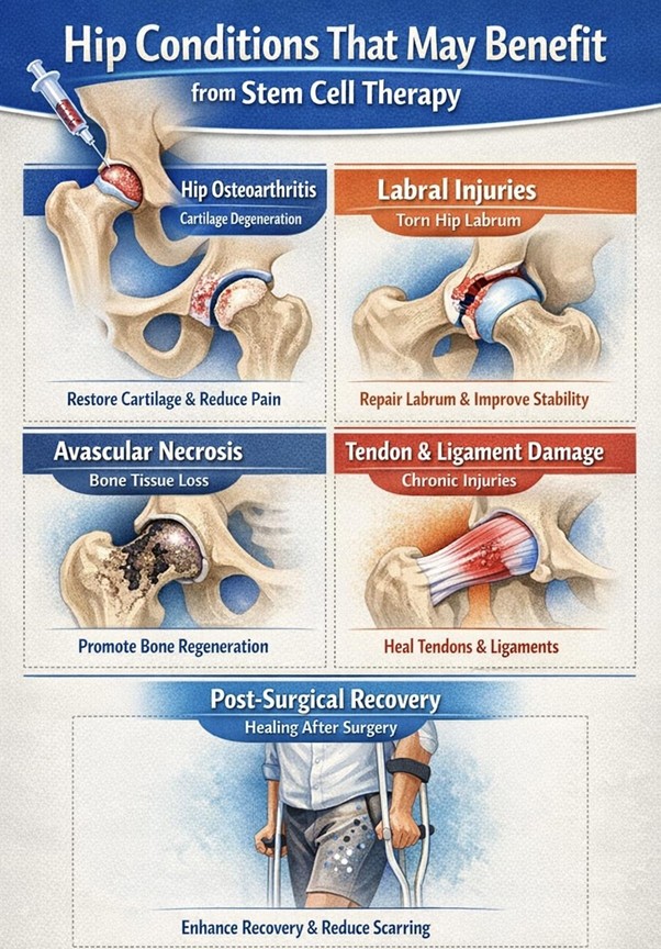 Figure A : Stem cell therapy may support healing, reduce pain, restore tissues, and improve recovery in various hip conditions involving degeneration or injury.