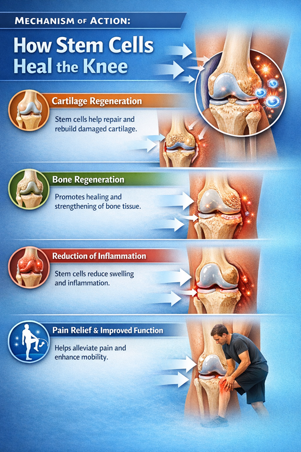 Figure A : How stem cells help repair the knee joint : Stem cells support cartilage and bone repair, decrease inflammation, relieve pain, and enhance knee movement and overall joint function.