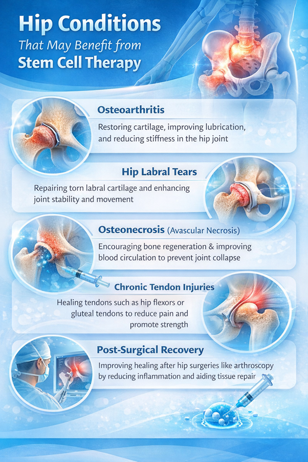 Figure A : Stem cell therapy may help treat hip conditions including osteoarthritis, labral tears, osteonecrosis, tendon injuries, and support healing after hip surgery.