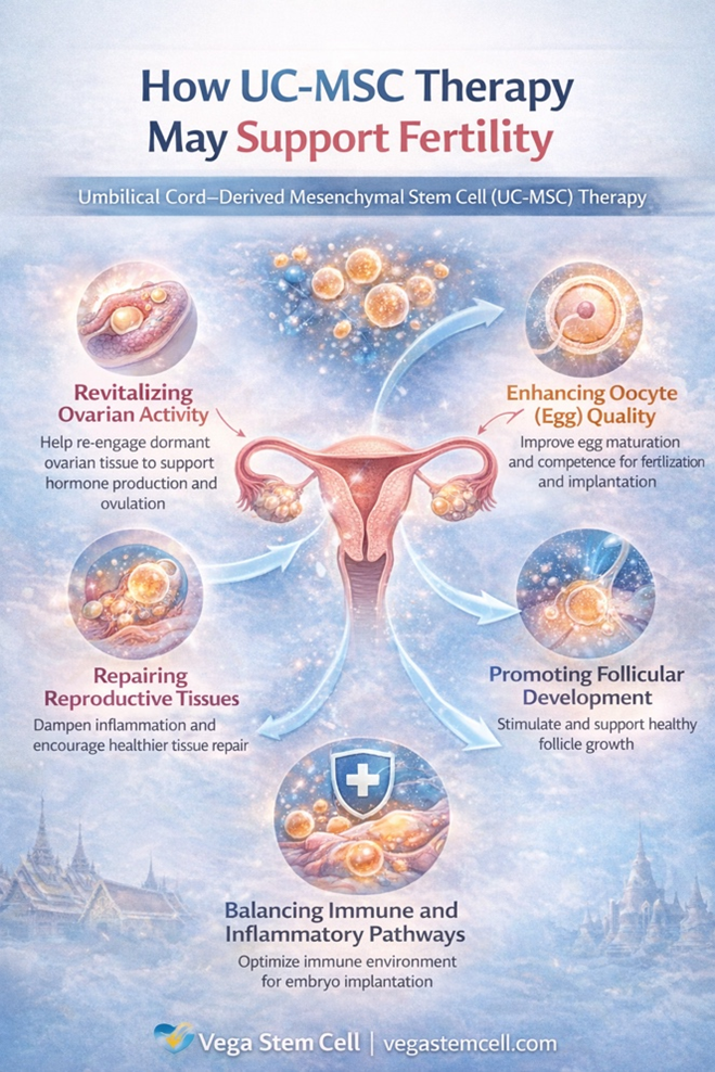 Figure B: Infographic summary of how UC-MSC therapy is being studied to support ovarian function, egg quality, tissue repair, and immune balance in fertility care. Evidence is evolving and results may vary
