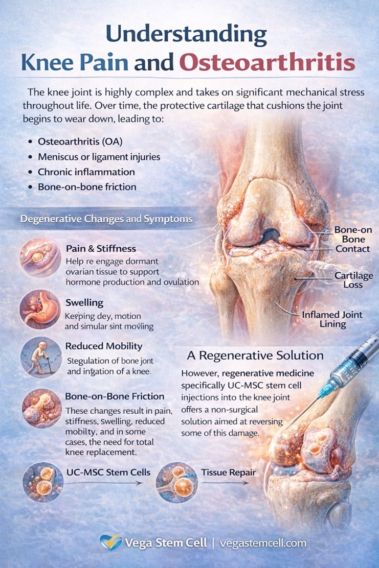 Figure 1: Understanding knee pain starts with the joint: cartilage loss, meniscus strain, and inflammation. Learn how modern, non-surgical regenerative approaches are being studied to support comfort and mobility.