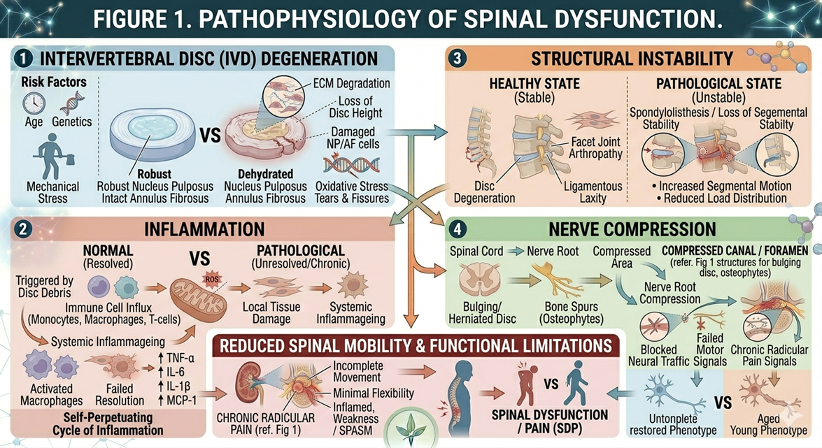 Figure 1: Pathophysiology of spinal dysfunction, including intervertebral disc degeneration, inflammation, structural instability, and nerve compression.