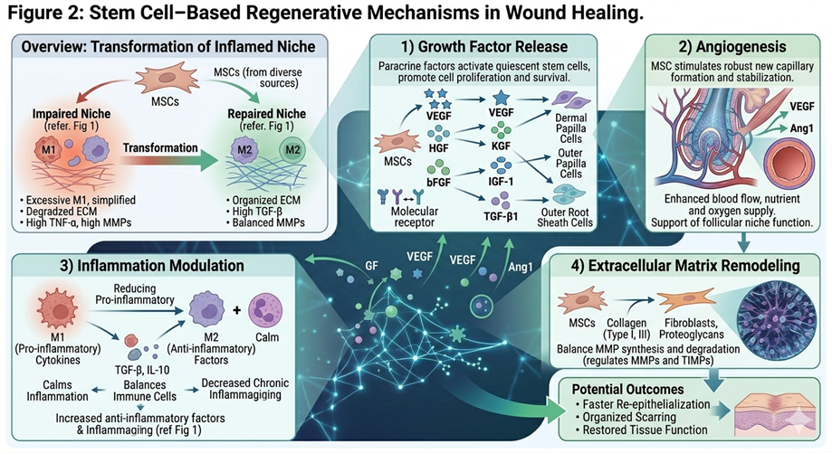 Figure 2: Stem Cell–Based Regenerative Mechanisms in Wound HealingConceptual illustration of stem cell–mediated wound healing, including growth factor release, angiogenesis, inflammation modulation, and extracellular matrix remodeling.