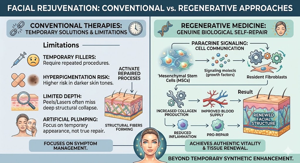 Figure 2: Conventional Therapy compared with Regenerative Approaches in Facial Rejuvenation
