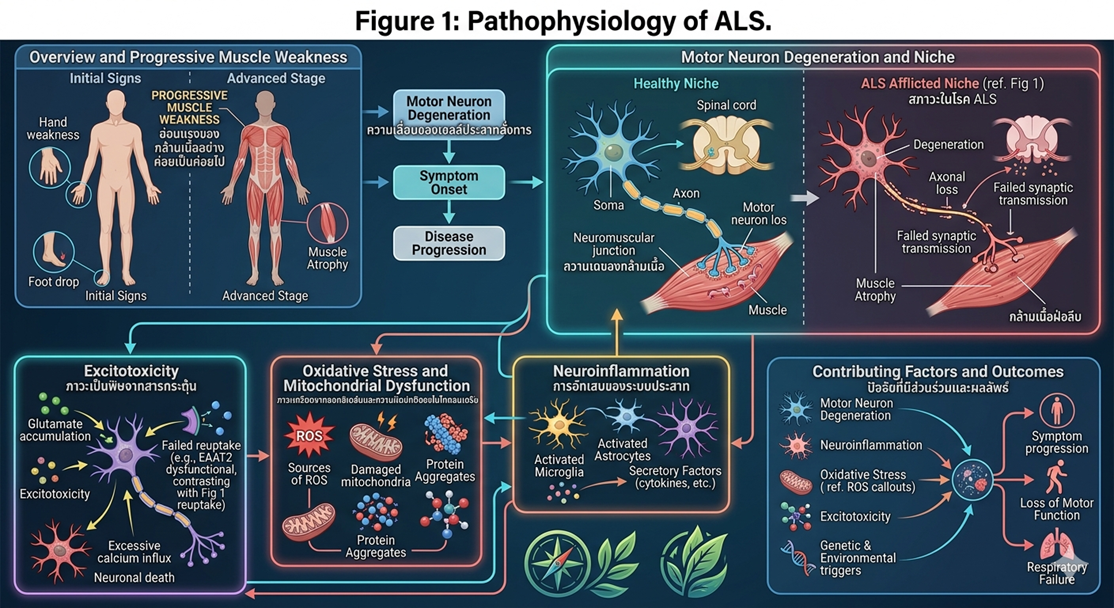 Figure 1: Pathophysiology of ALSIllustration of ALS pathophysiology, including motor neuron degeneration, neuroinflammation, oxidative stress, and excitotoxicity contributing to progressive muscle weakness.
