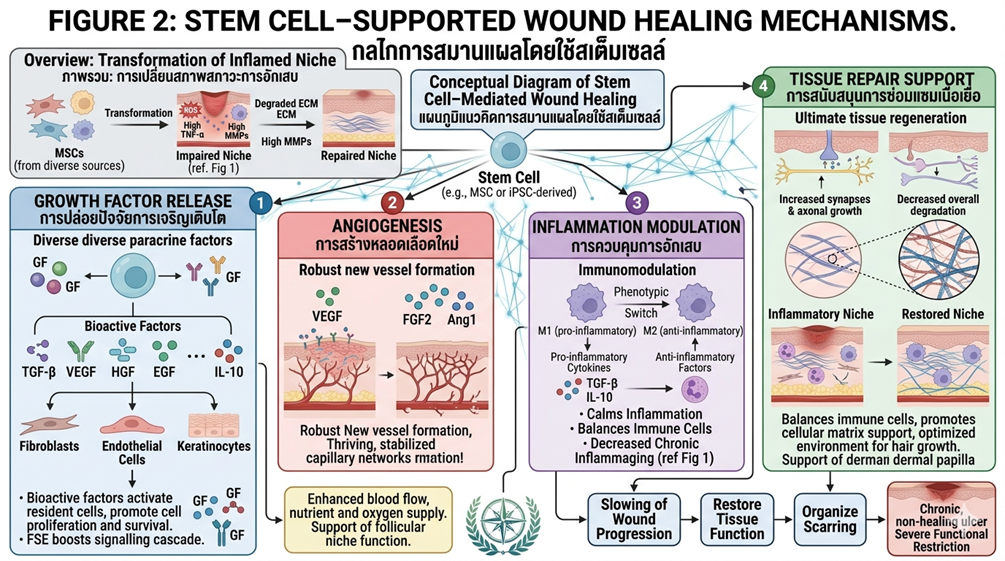 Figure 2: Stem Cell–Supported Wound Healing MechanismsConceptual illustration of stem cell–mediated wound healing, including growth factor release, angiogenesis, inflammation modulation, and tissue repair support.