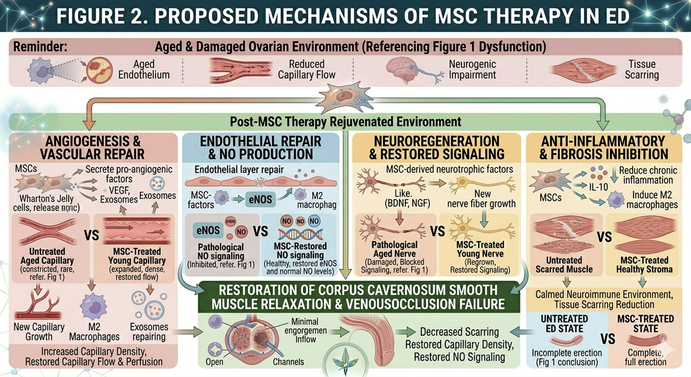 Figure 2: Proposed mechanisms of mesenchymal stem cell (MSC) therapy in ED, including angiogenesis, endothelial repair, neuroregeneration, and anti-inflammatory effects.