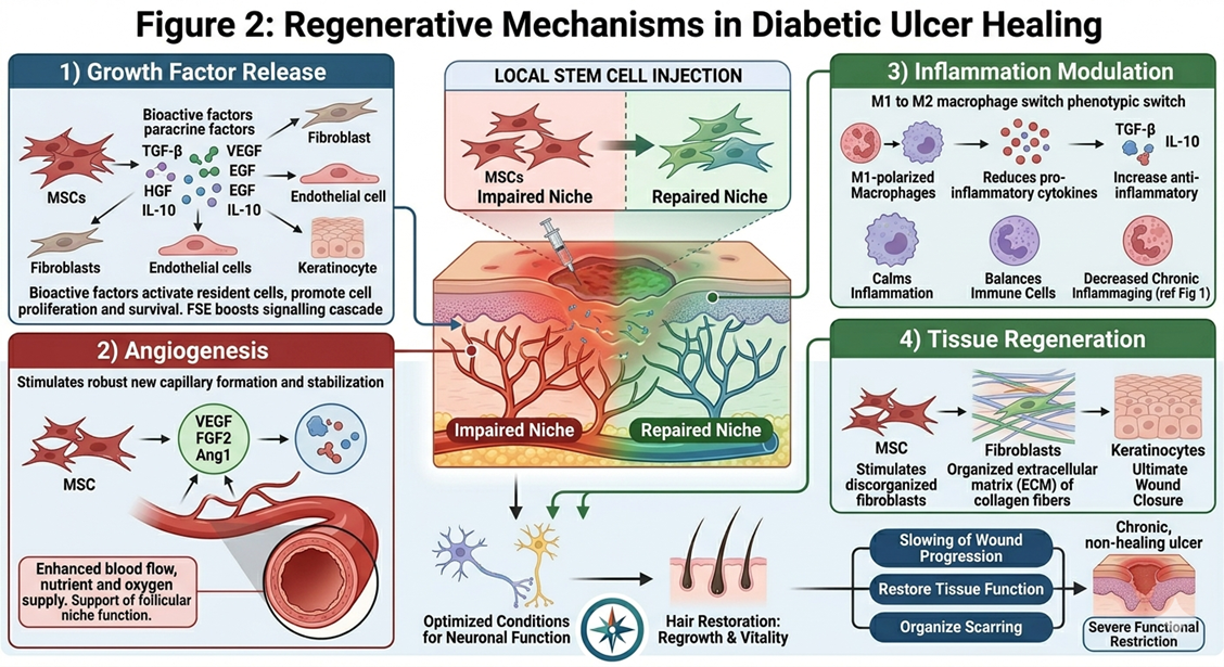 Figure 2: Regenerative Mechanisms in Diabetic Ulcer HealingConceptual illustration of stem cell–mediated wound healing, including growth factor release, angiogenesis, inflammation regulation, and tissue regeneration.