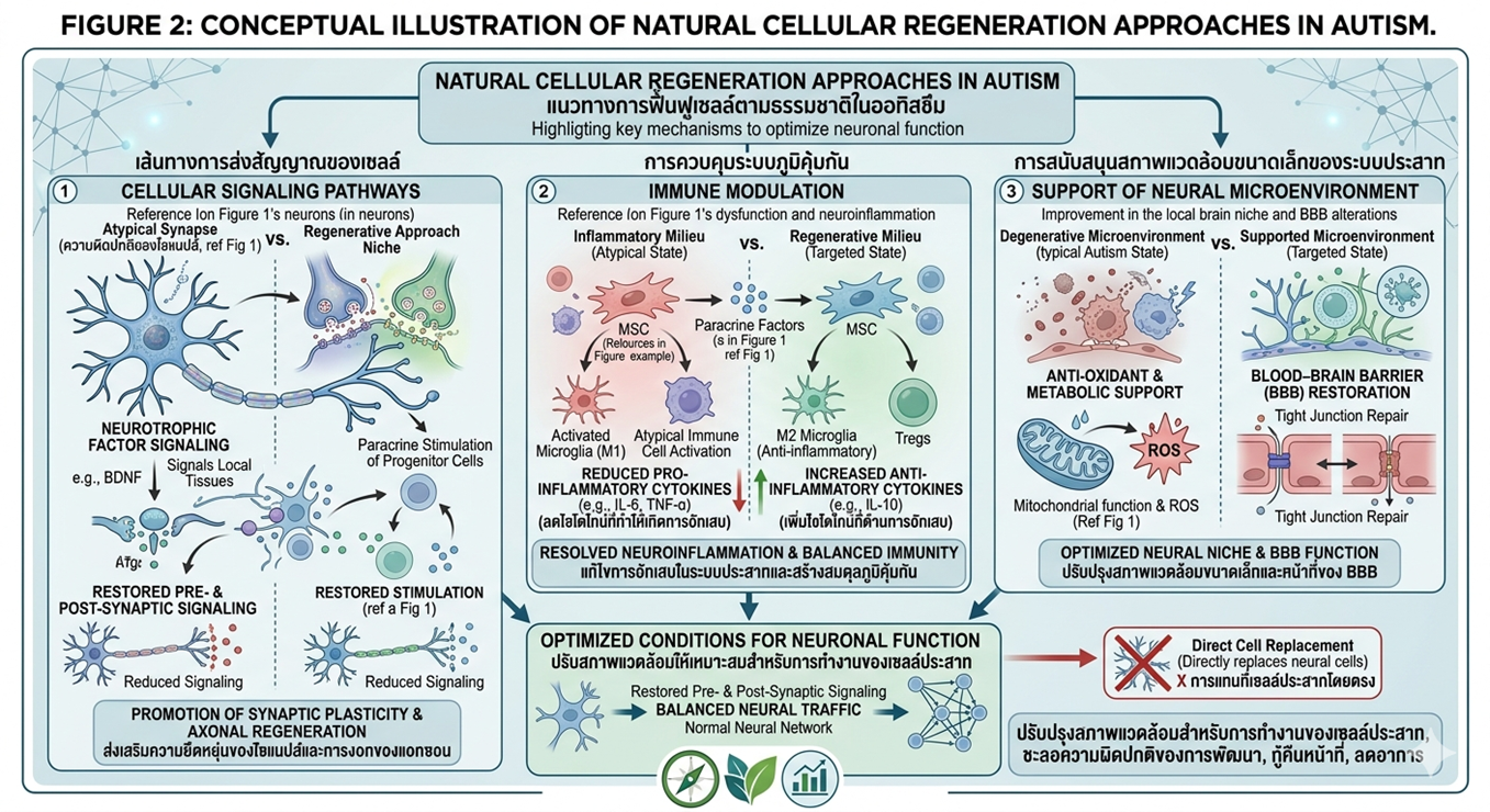 Figure 2: Conceptual model of natural cellular regeneration in autism which includes cellular signaling pathways, immune modulation, and support of the neural microenvironment. We see that these mechanisms put in place to improve the environment for neurons to function better which in turn does not include direct replacement of neural cells.