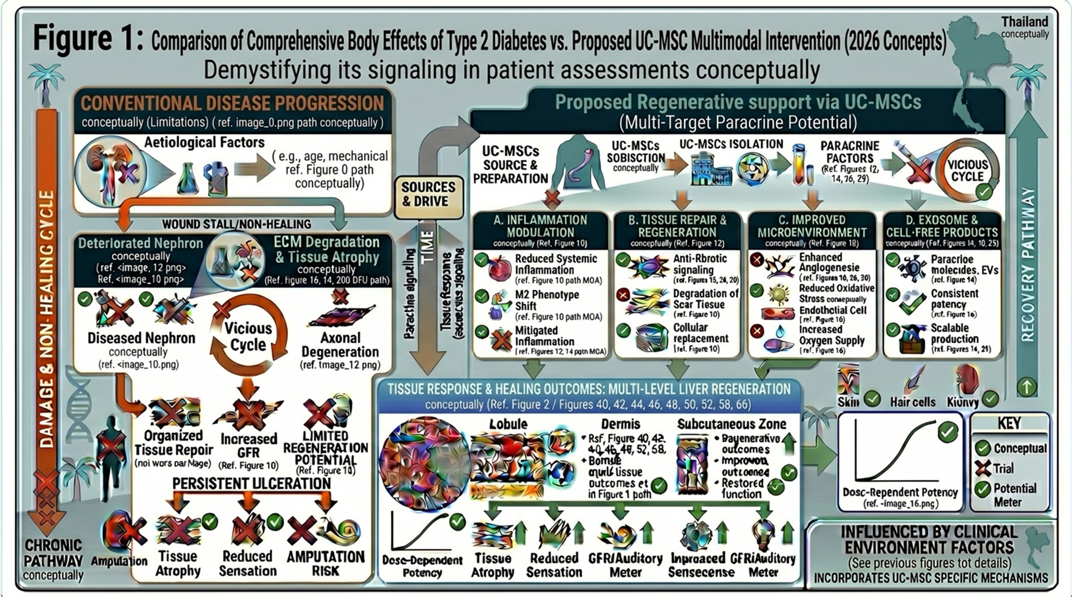 Figure 1: Understanding How Type 2 Diabetes Affects multiple organs and potential UC-MSC Intervention' with a prominent conceptual subtitle: 'Multimodal Comparison of Non-Healing, Limitations, and Potential Support Path via UC-MSCs.