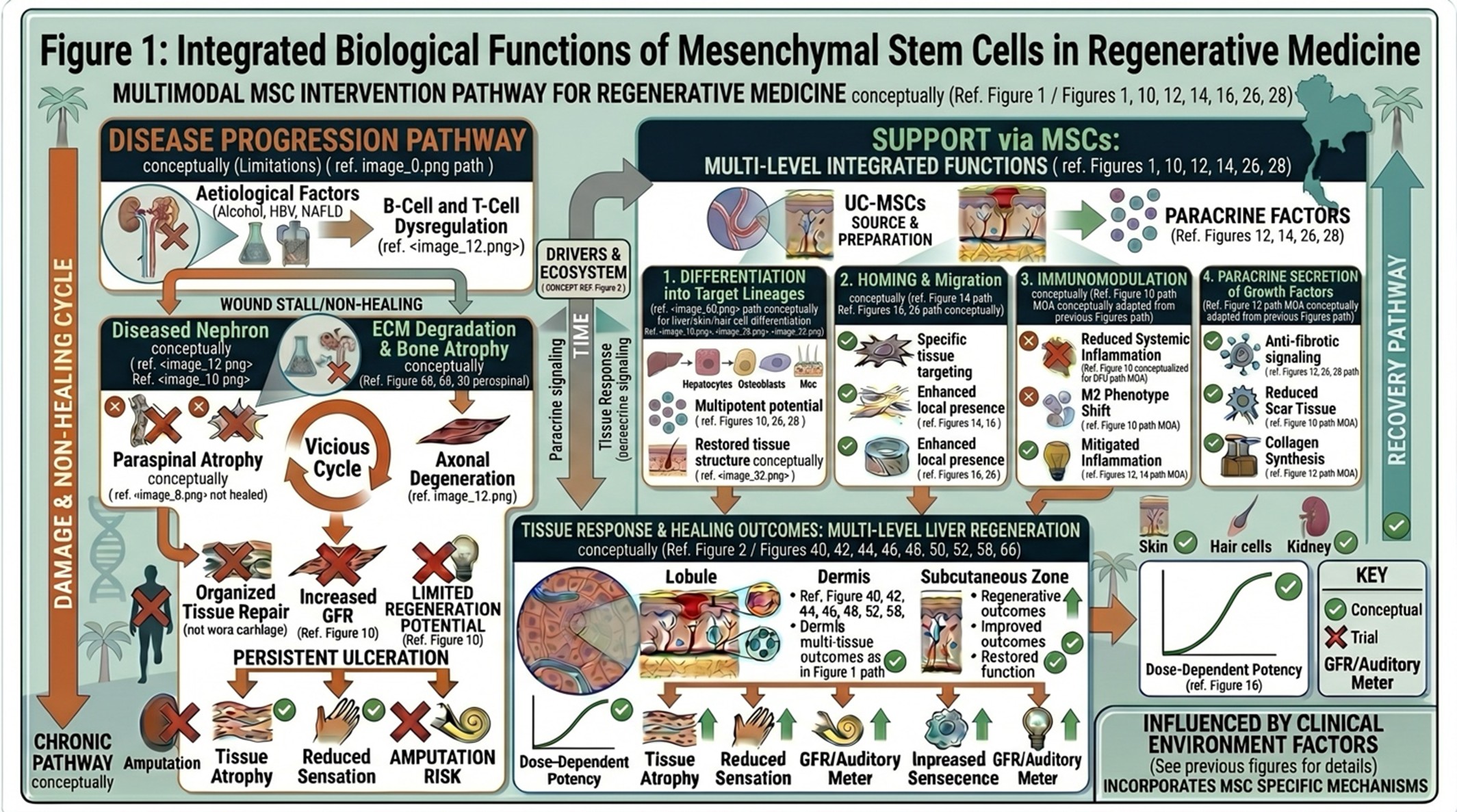 Figure 1: Integrated Biological Functions of Mesenchymal Stem Cells in Regenerative MedicineSchematic illustration demonstrating the four principal mechanisms of MSC activity: (1) differentiation into target cell lineages, (2) homing and migration to injured tissues, (3) immunomodulatory regulation of inflammatory processes, and (4) paracrine secretion of growth factors that support tissue repair and regeneration.