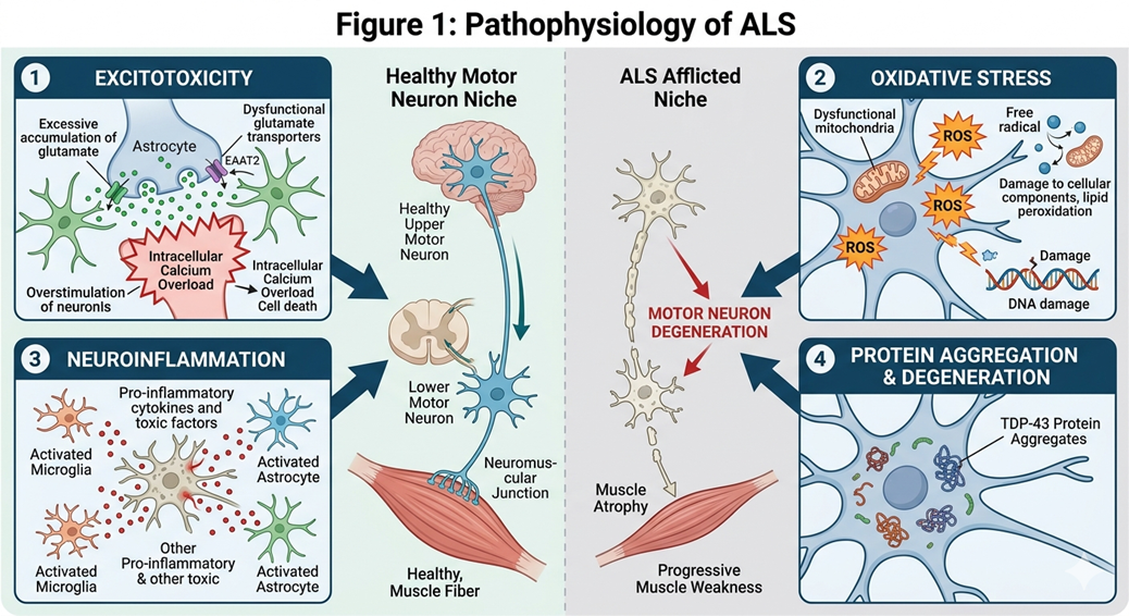 Figure 1: Pathophysiology of ALSIllustration of ALS mechanisms, including motor neuron degeneration, neuroinflammation, oxidative stress, and excitotoxicity contributing to progressive muscle weakness.