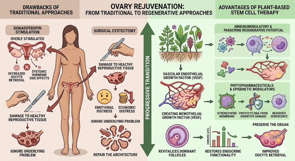 Figure 1: Traditional and Regenerative Plant-Based Stem Cell Therapy Approaches in Ovarian Rejuvenation
