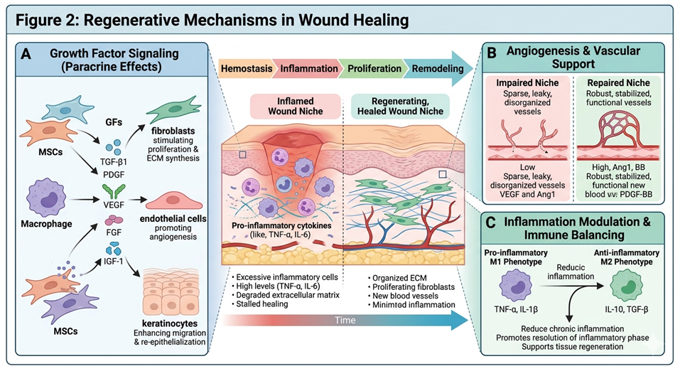 Figure 2: Regenerative Mechanisms in Wound HealingConceptual illustration of regenerative mechanisms in wound healing, including growth factor signaling, angiogenesis, and inflammation modulation.