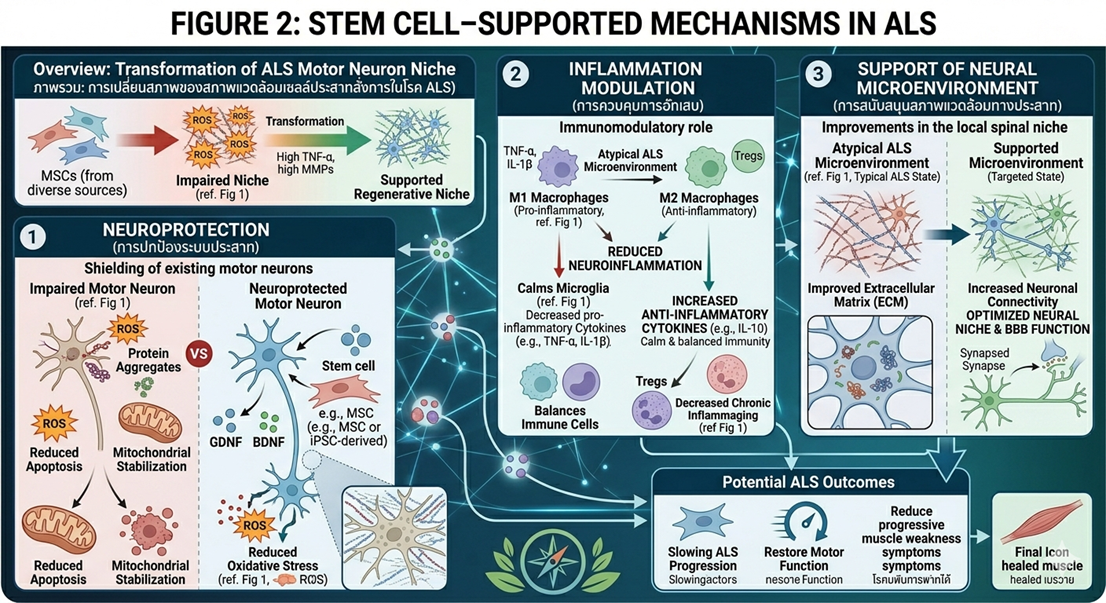 Figure 2: Stem Cell–Supported Mechanisms in ALSConceptual illustration of stem cell–mediated mechanisms in ALS, including neuroprotection, inflammation modulation, and support of the neural microenvironment.