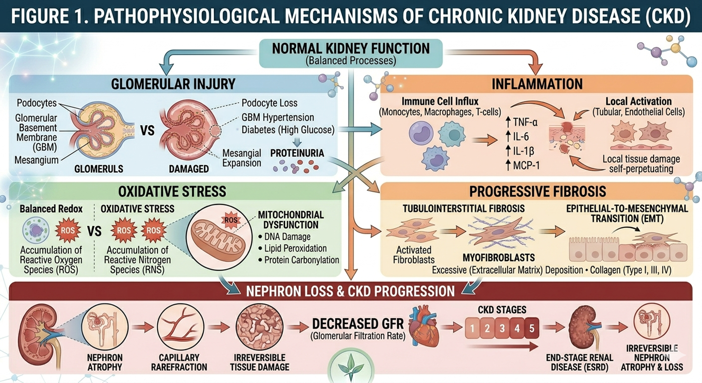 Figure 1: Pathophysiological mechanisms of chronic kidney disease, including glomerular injury, inflammation, oxidative stress, and progressive fibrosis leading to nephron loss.