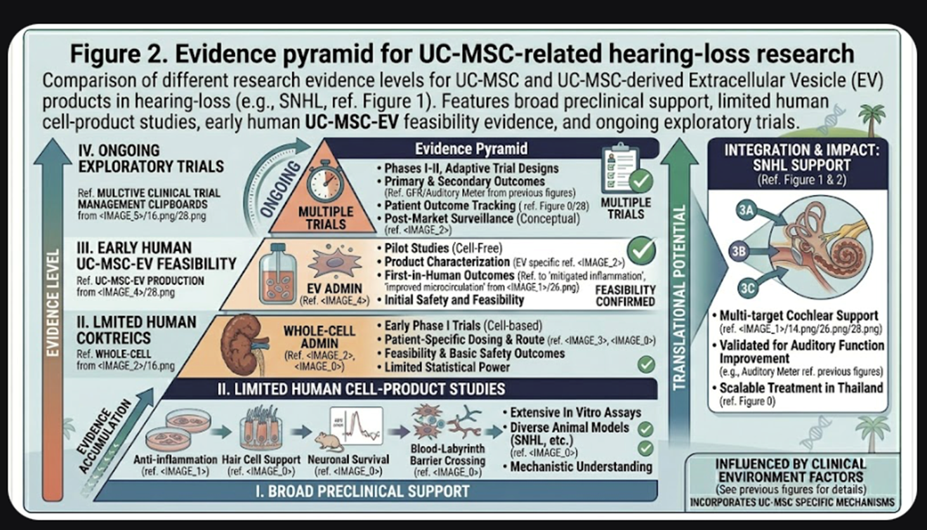 Figure 2. Evidence pyramid for UC-MSC-related hearing-loss research: broad preclinical support, limited human cell-product studies, early human UC-MSC-EV feasibility evidence, and ongoing exploratory trials.