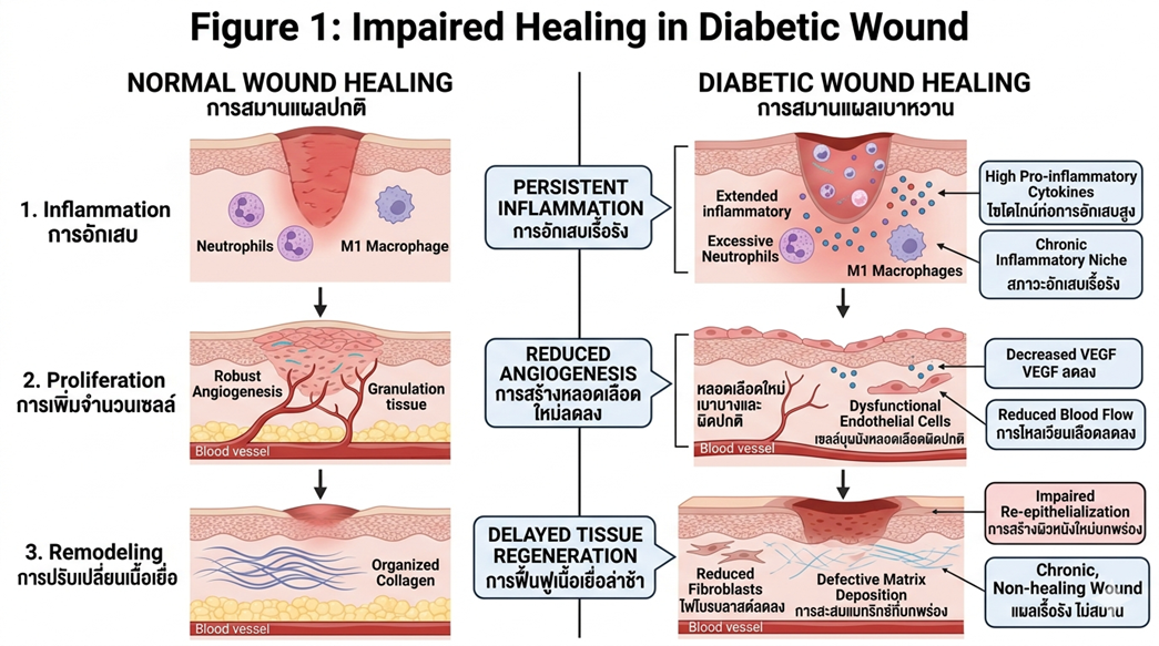 Figure 1: Impaired Healing in Diabetic WoundIllustration of impaired wound healing in diabetes, highlighting reduced angiogenesis, persistent inflammation, and delayed tissue regeneration.