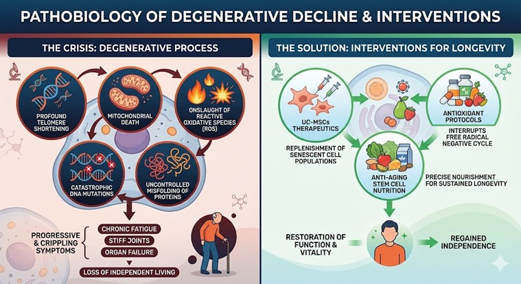 Figure 1: The Pathobiology of Degenerative Decline and Regenerative Mechanisms of Advanced Therapeutics