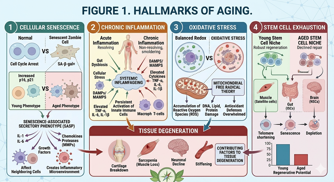 Figure 1: Hallmarks of aging, including cellular senescence, chronic inflammation, oxidative stress, and stem cell exhaustion contributing to tissue degeneration.