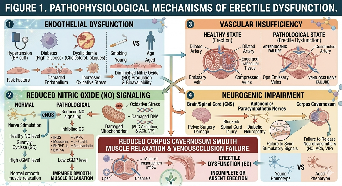 Figure 1: Pathophysiological mechanisms of erectile dysfunction, including endothelial dysfunction, reduced nitric oxide signaling, vascular insufficiency, and neurogenic impairment.
