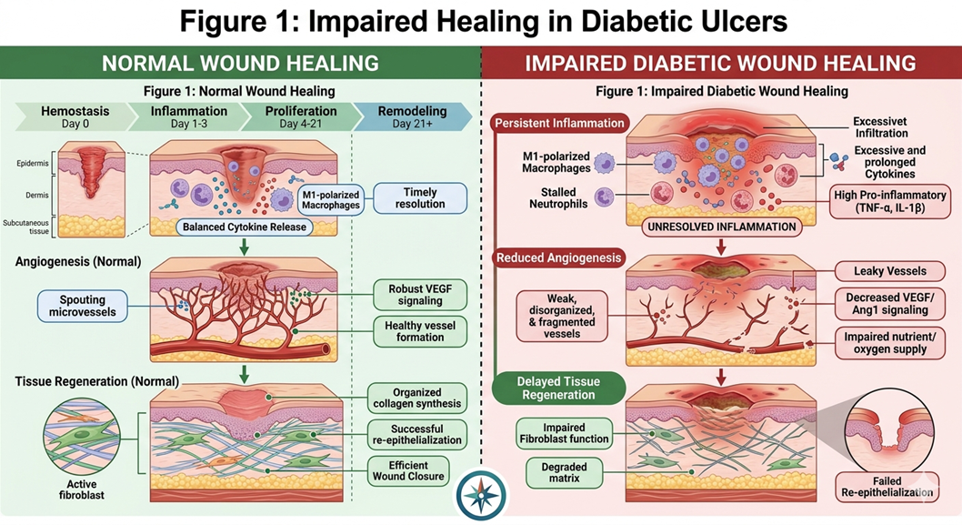 Figure 1: Impaired Healing in Diabetic UlcersIllustration of impaired healing in diabetic ulcers, highlighting reduced angiogenesis, persistent inflammation, and delayed tissue regeneration.