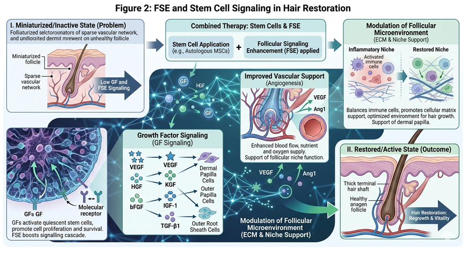 Figure 2: FSE and Stem Cell Signaling in Hair RestorationConceptual illustration of Follicular Signaling Enhancement (FSE) combined with stem cell therapy, highlighting growth factor signaling, improved vascular support, and modulation of the follicular microenvironment.
