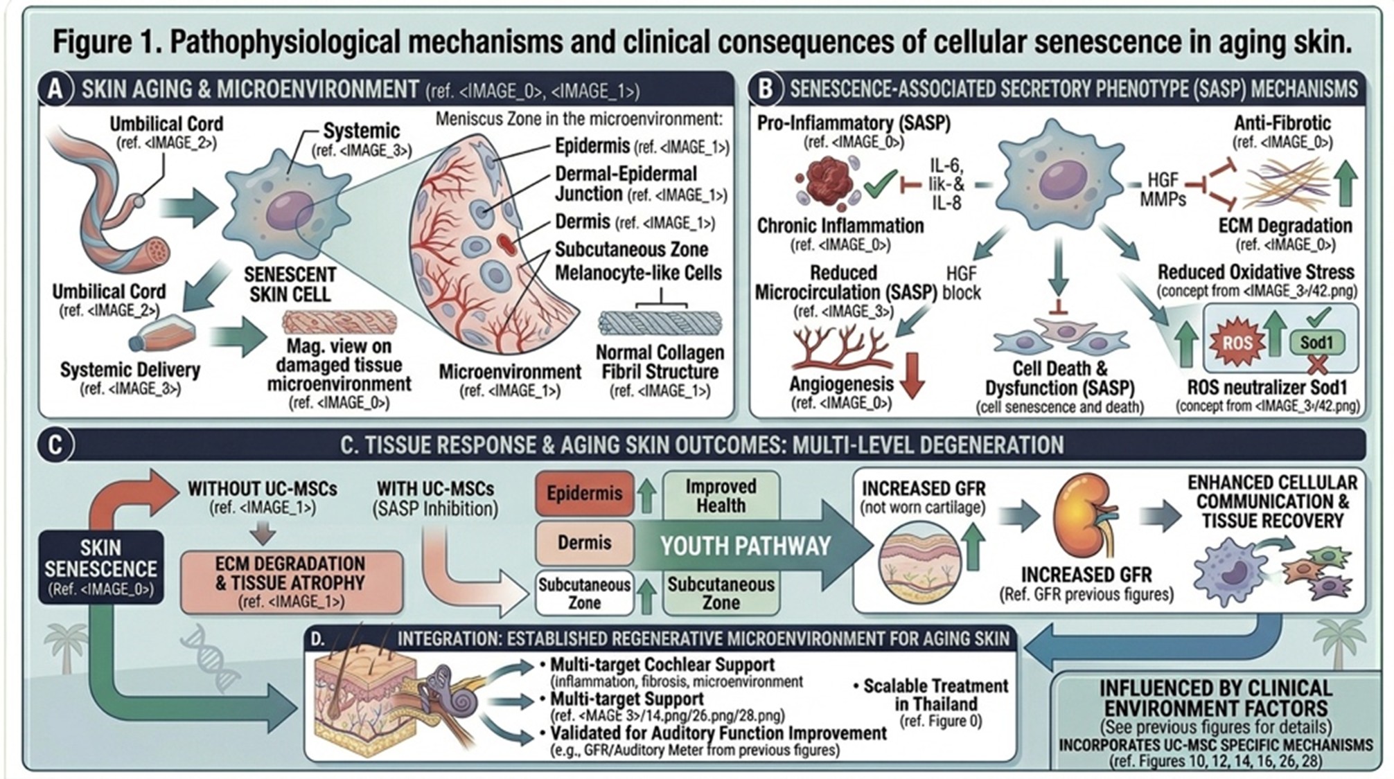 Figure 1. Pathophysiological mechanisms and clinical consequences of cellular senescence in aging skin.