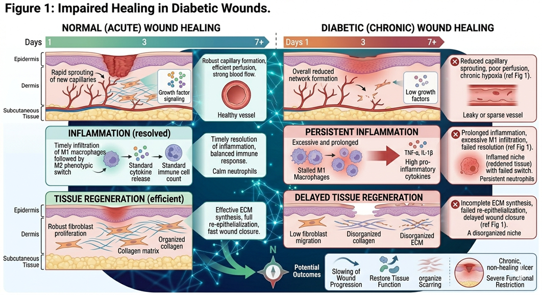 Figure 1: Impaired Healing in Diabetic WoundsIllustration of impaired wound healing in diabetic conditions, showing reduced angiogenesis, persistent inflammation, and delayed tissue regeneration.