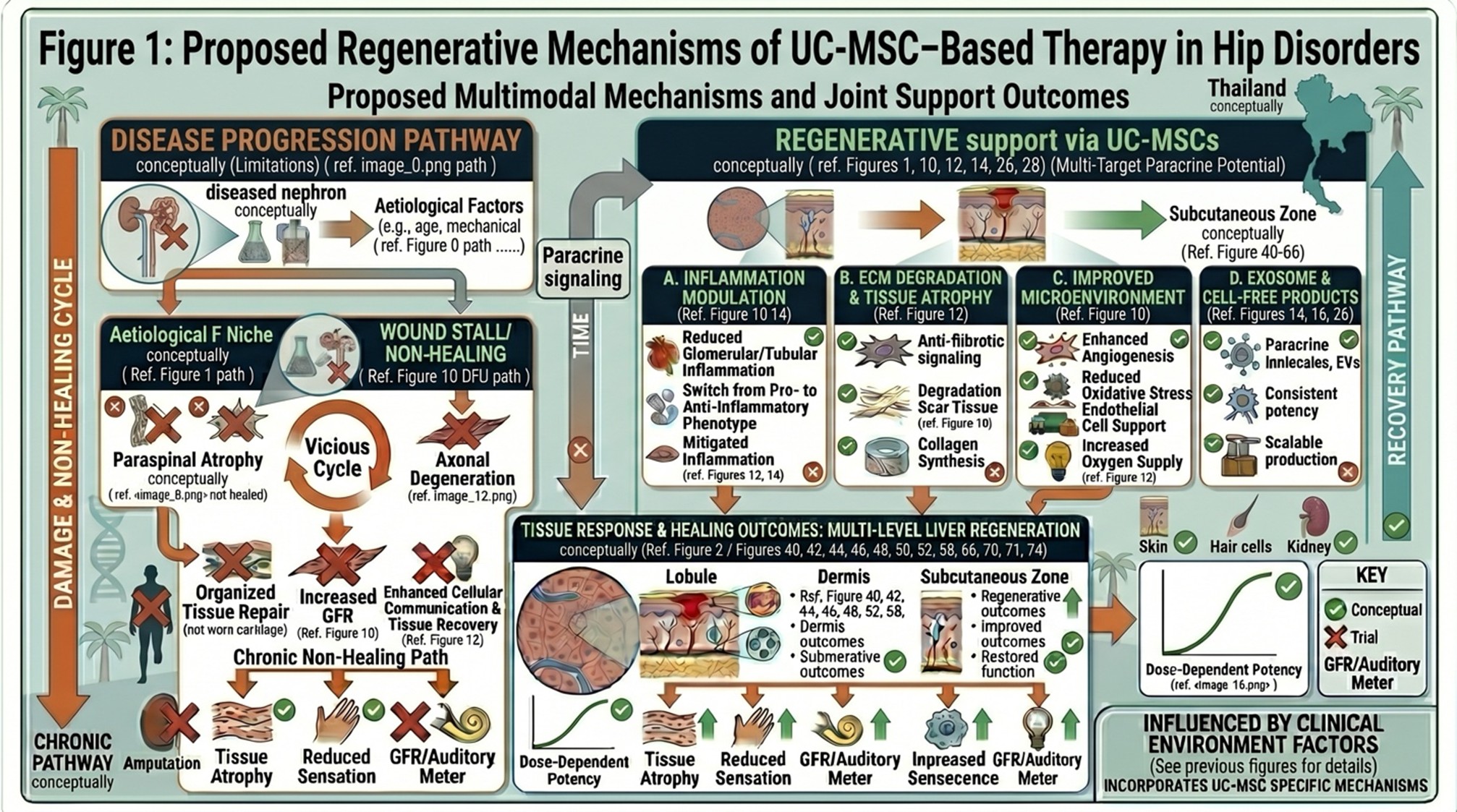 Figure 1: Proposed Regenerative Mechanisms of UC-MSC–Based Therapy in Hip DisordersIllustration of how UC-MSCs may support hip joint recovery through cartilage-focused signaling, inflammation modulation, soft tissue repair support, and enhancement of the local vascular environment.