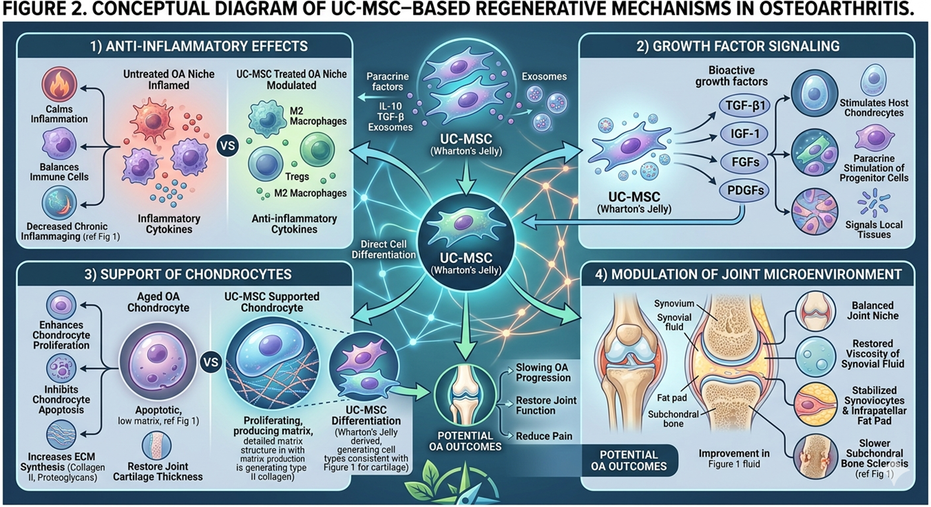 Figure 2: Concept in which we present the UC-MSC based regenerative processes in osteoarthritis that includes anti inflammatory action, growth factor signaling, support for chondrocytes, and modification of the joint microenvironment.