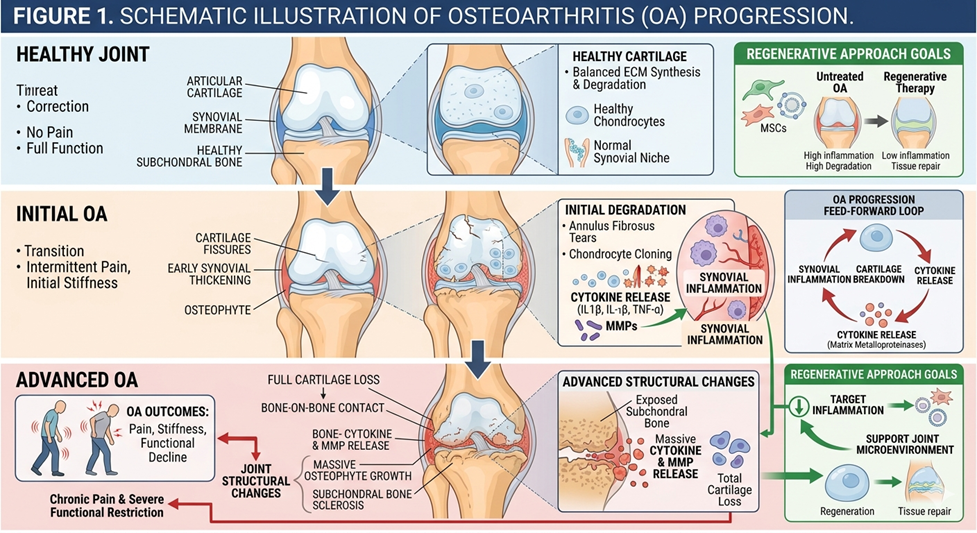 Figure 1: Schematic of osteoarthritis progression which includes cartilage breakdown, synovial inflammation, cytokine release, and joint structural changes. These processes play a role in pain, stiffness, and functional decline. Regenerative strategies focus on reducing inflammation and supporting the joint microenvironment.