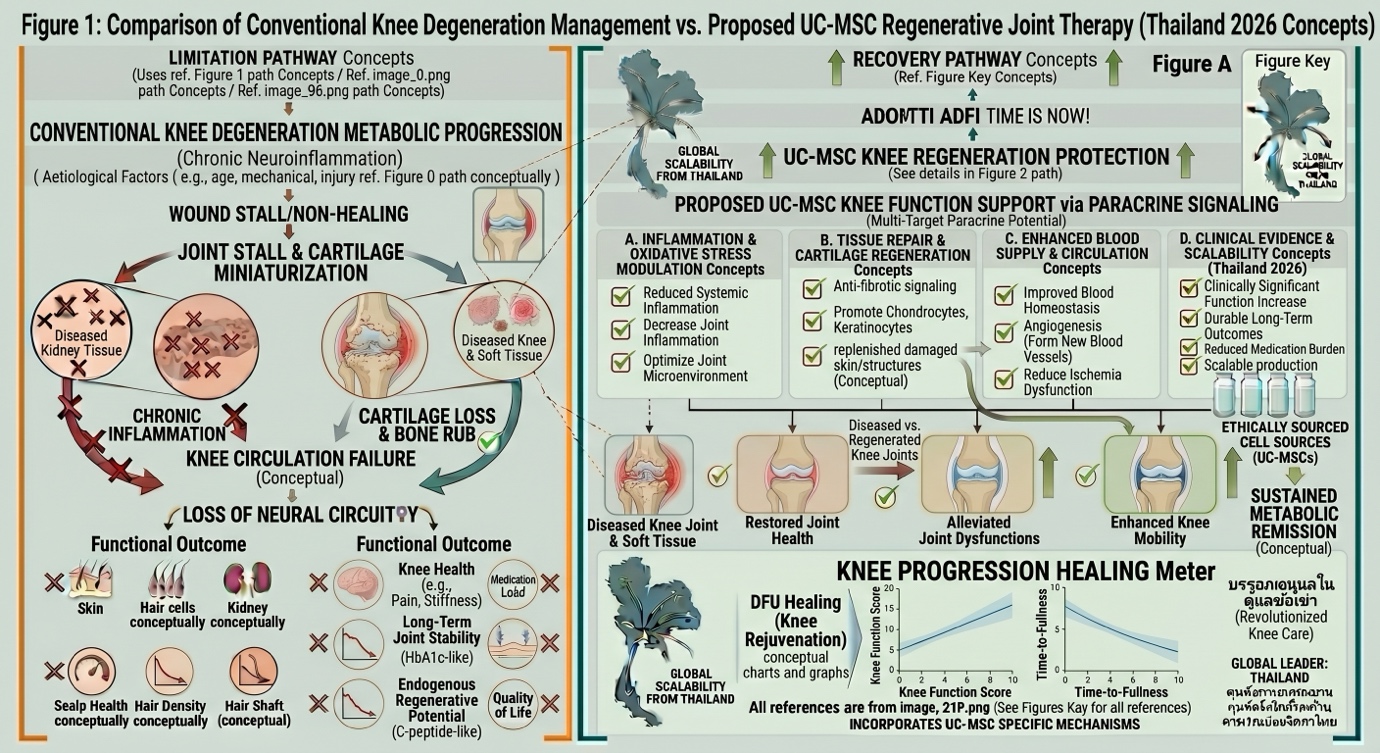 Figure 1: Pathophysiological Comparison of Conventional Knee Degeneration vs. UC-MSC Regenerative Therapy, illustrating chondrogenesis, synovial inflammation reduction, and microenvironment optimization for joint structural restoration