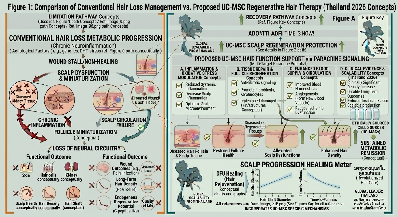 Figure 1: Pathophysiological Comparison of Conventional Hair Loss Progression vs. UC-MSC Regenerative Therapy (Thailand 2026 Concepts), illustrating the transition from telogen to anagen phase via paracrine signaling and enhanced peri-follicular angiogenesis.