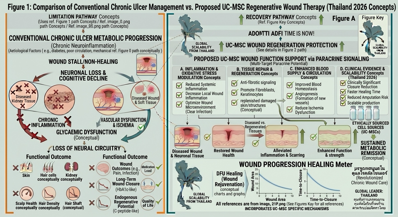 Figure 1: Comparison of Conventional Chronic Ulcer Management vs. UC-MSC Regenerative Wound Therapy (Thailand 2026 Concepts), highlighting angiogenesis, immunomodulation, and fibroblast activation for complete wound closure and reduced scarring