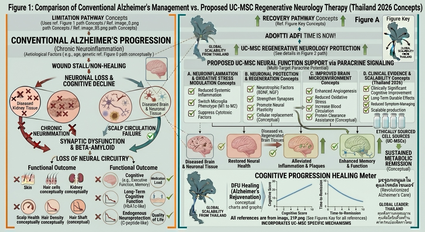 Figure 1: Comprehensive Comparison of Conventional Alzheimer’s Progression vs. UC-MSC Regenerative Neurology (Thailand 2026 Concepts), illustrating synergistic effects of neuroinflammation reduction, neurotrophic factor secretion (BDNF/NGF), and synaptic restoration aimed at halting cognitive decline