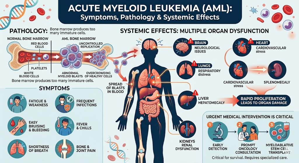 Figure 1: Symptoms, Pathology, and Systemic Effects of Acute Myeloid Leukemia