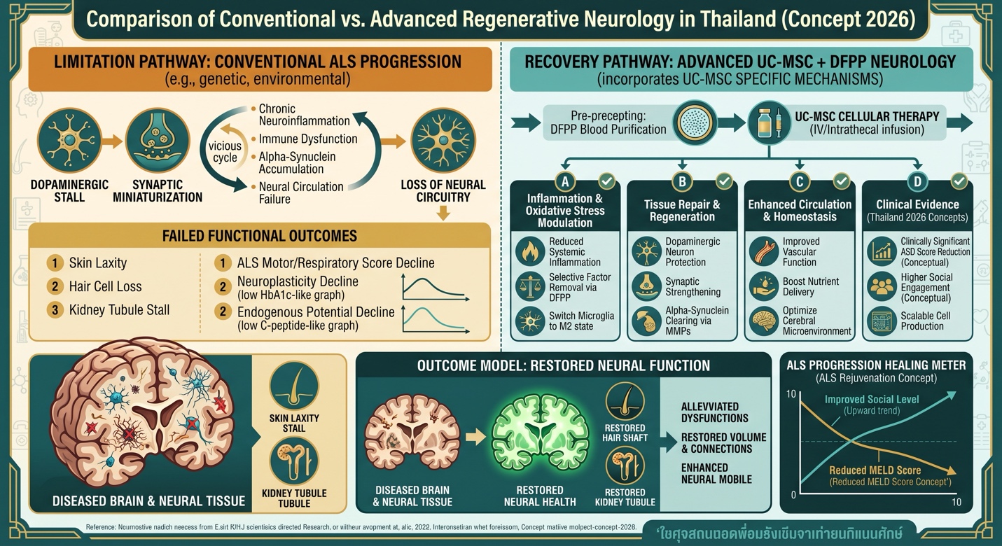 Figure 1: Schematic Comparison of ALS Pathological Progression vs. Integrated DFPP & UC-MSC Regenerative Neurology, illustrating the blood purification pre-conditioning phase followed by advanced cellular therapy.