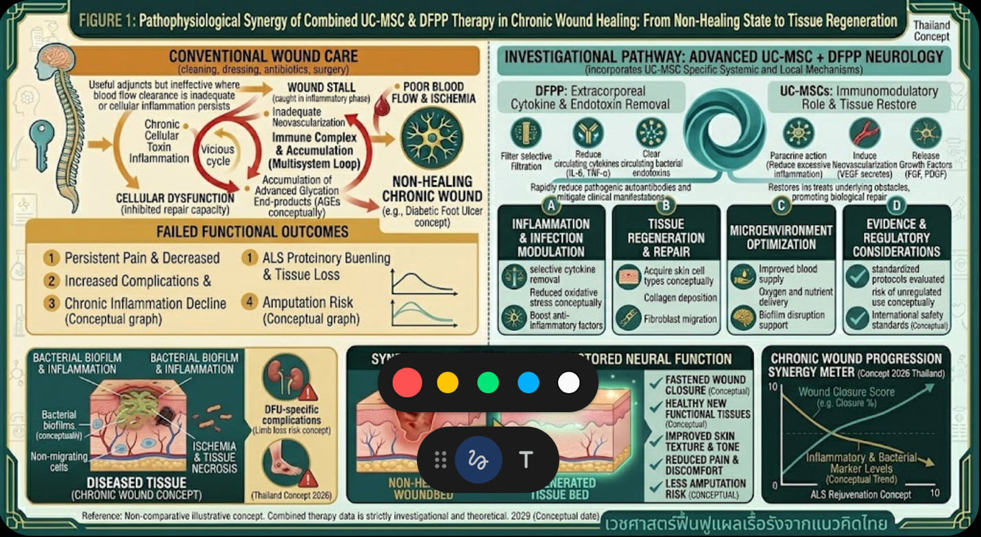 Figure 1: Comparison of Conventional Chronic Wound Progression vs. Integrated DFPP & UC-MSC Therapy, illustrating the removal of bacterial endotoxins and inflammatory cytokines followed by enhanced neovascularization and dermal tissue regeneration