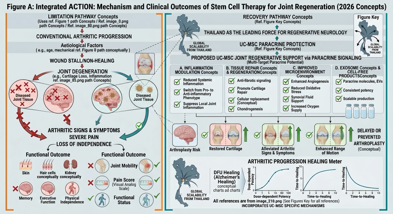Figure A: Stem cell therapy — Alleviate arthritic signs and symptoms; promote cartilage repairment suppress inflammation, enhance range of motion as well as probably delay or even prevent arthroplasty after a few years to surgery.