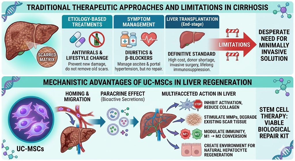 Figure 2: Traditional Therapeutic Limitations and Advantages UC-MSCs in Cirrhosis