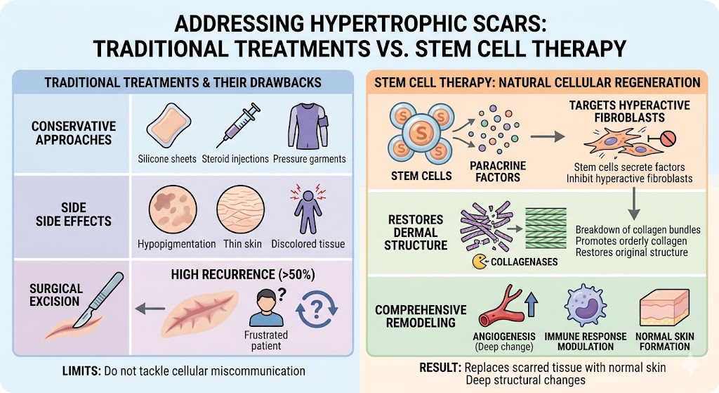 Figure 2: Traditional Treatment and Their Drawbacks and Natural Cellular Regeneration for Hypertrophic Scars