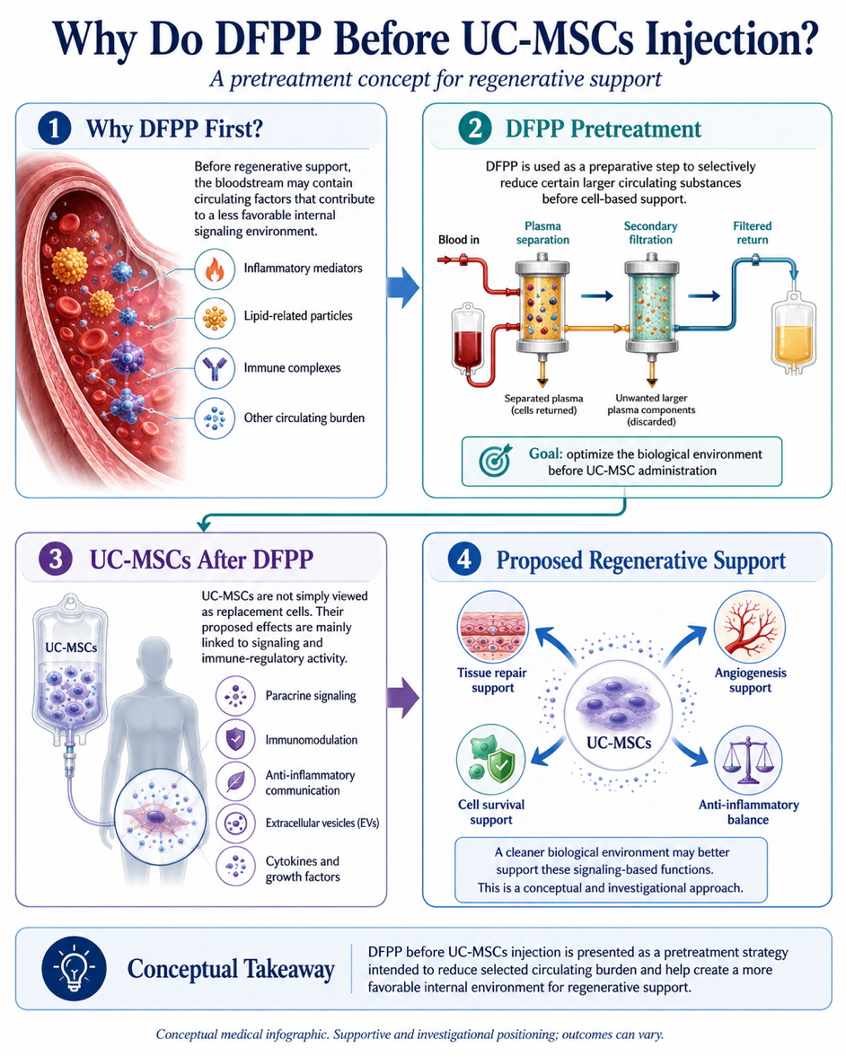 Figure A: Conceptual overview of DFPP pretreatment before UC-MSCs injection, illustrating selective reduction of circulating burden and the proposed support of a more favorable internal environment for regenerative signaling.