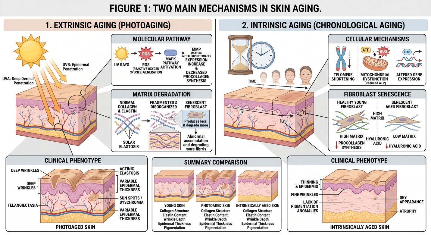 Figure 1: Comparative Overview of Intrinsic and Extrinsic Skin Aging: Molecular Pathways, Cellular Senescence, and Clinical Phenotypes
