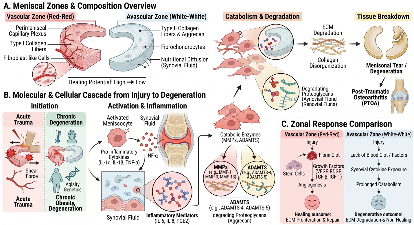 Figure 1: Comprehensive Overview of the Biological and Molecular Mechanisms in Meniscal Injury, Degeneration, and Zone-Dependent Healing Responses