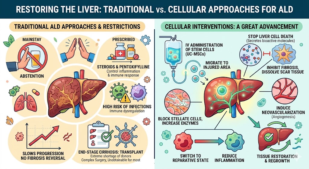 Figure 1: Traditional Approaches and Cellular interventions in Alcoholic Liver Disease (ALD)