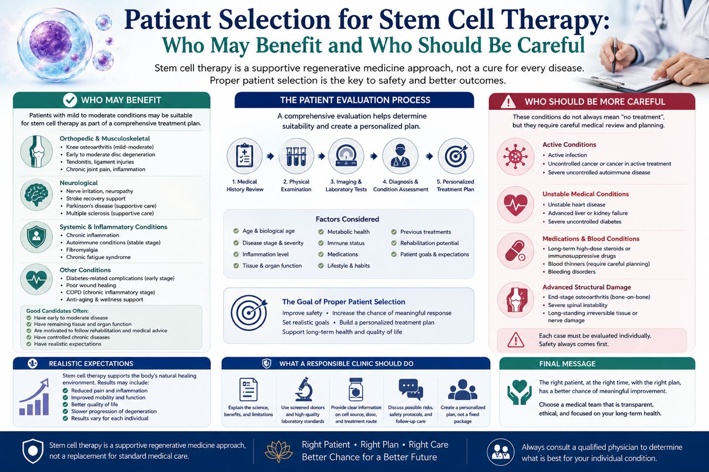 Figure 1: Patient Selection for Stem Cell Therapy: Who May Benefit and Who Should Be Careful