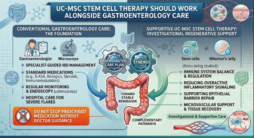 Figure 2: Integrated IBD Care: Conventional Gastroenterology Management and Supportive UC-MSC Signaling